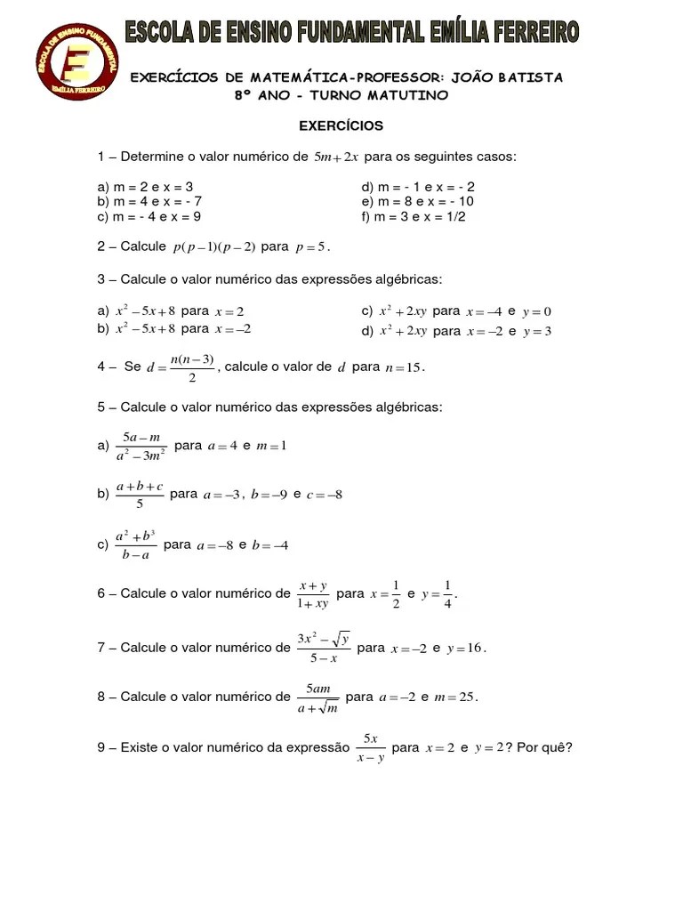 Exercício No 01 - 8 Ano-Valor Númerico De Expressóes Algebricas | PDF