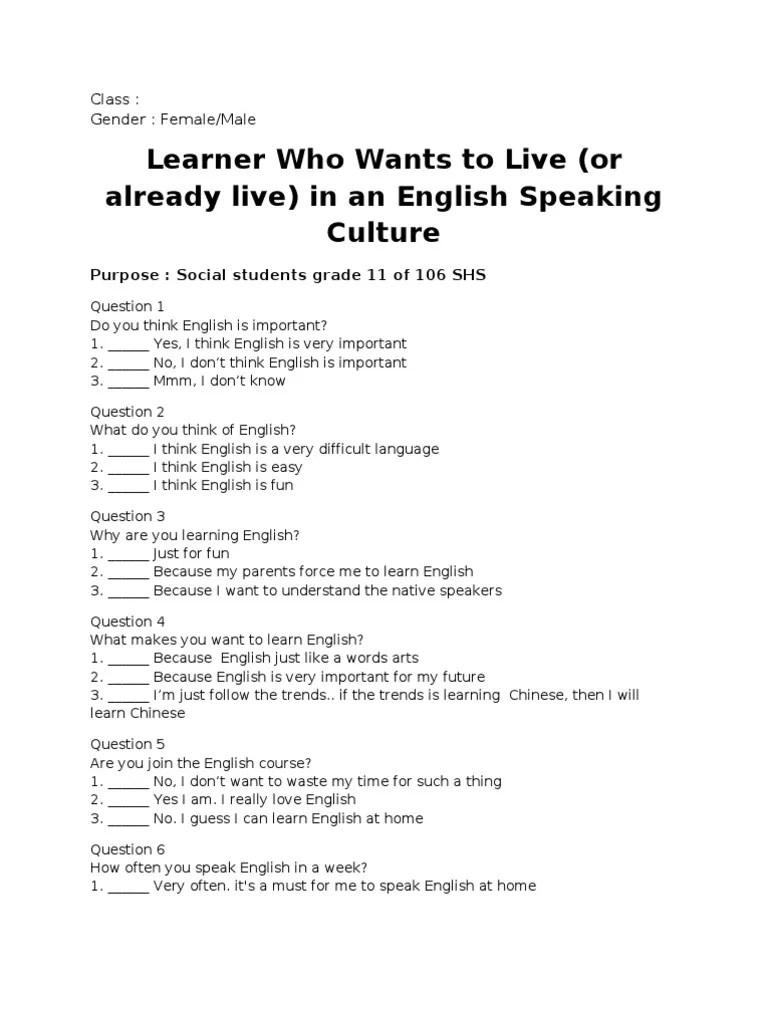 English Questionnaire | PDF | English Language | Vocabulary