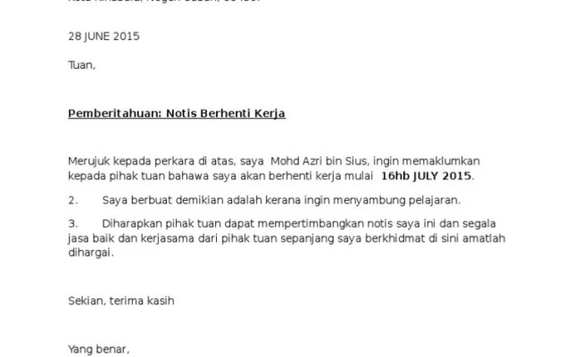 Surat Letak Jawatan Notis 2 Bulan - Contoh Surat Berhenti Kerja Resign Perletakan Jawatan
