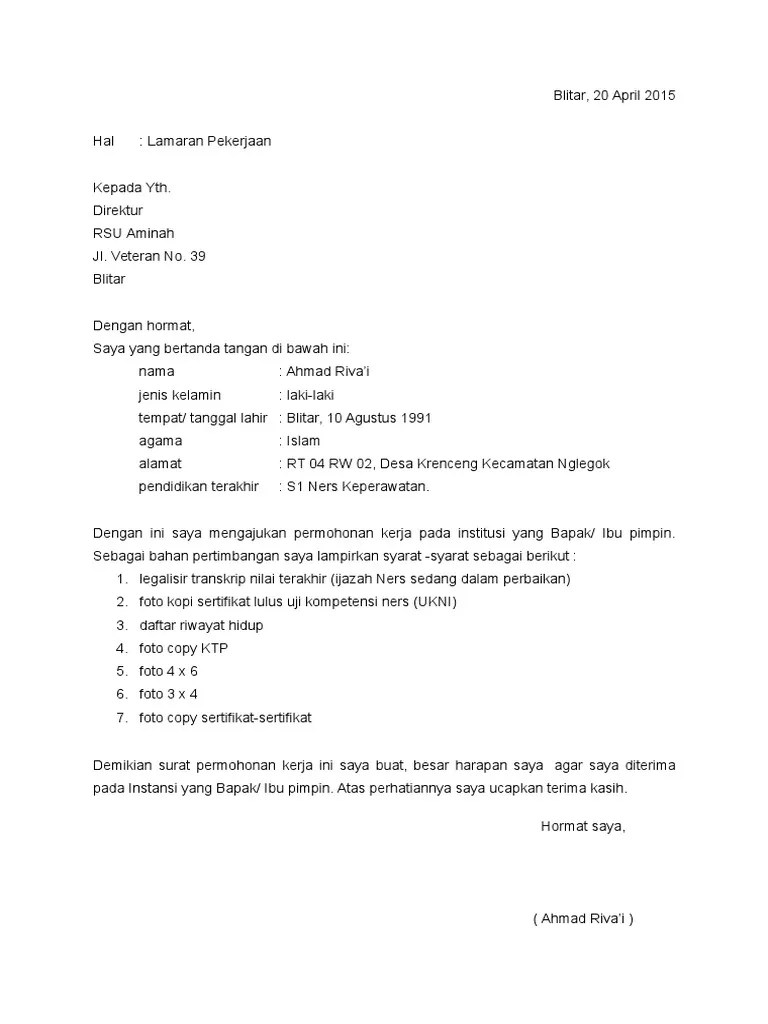 Dokumen kerja pertama kali diliat adalah surat lamaranmu, jangan sampai hrd kecewa, berikut contoh surat lamaran kerja yang baik dan benar. Contoh Surat Lamaran Kerja Perawat Pdf
