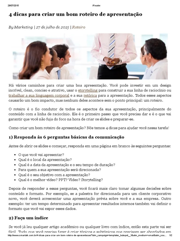 4 Dicas Para Criar Um Bom Roteiro De Apresentação - SMARTalk | PDF | Roteiro | Marketing