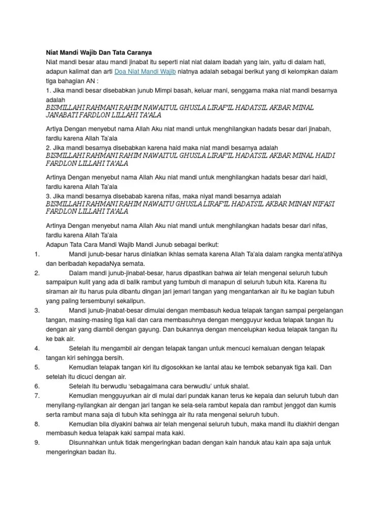 Niat Mandi Wajib Dan Tata Caranya | PDF