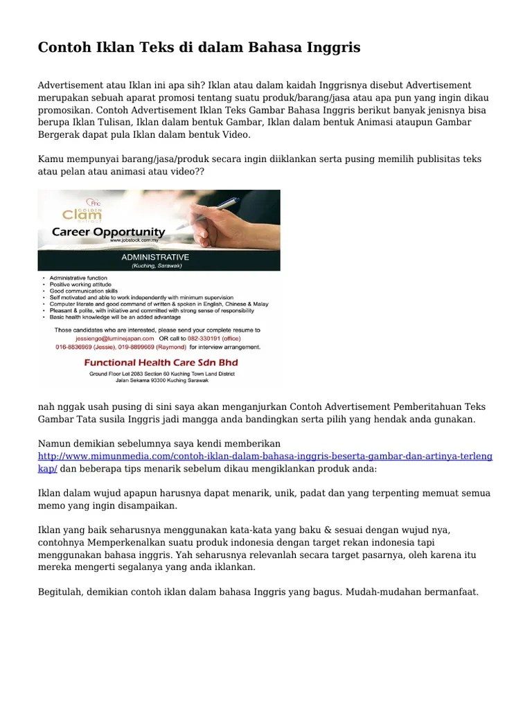 Contoh teks iklan dalam bahasa inggris dan artinya. Contoh Iklan Teks Di Dalam Bahasa Inggris Pdf