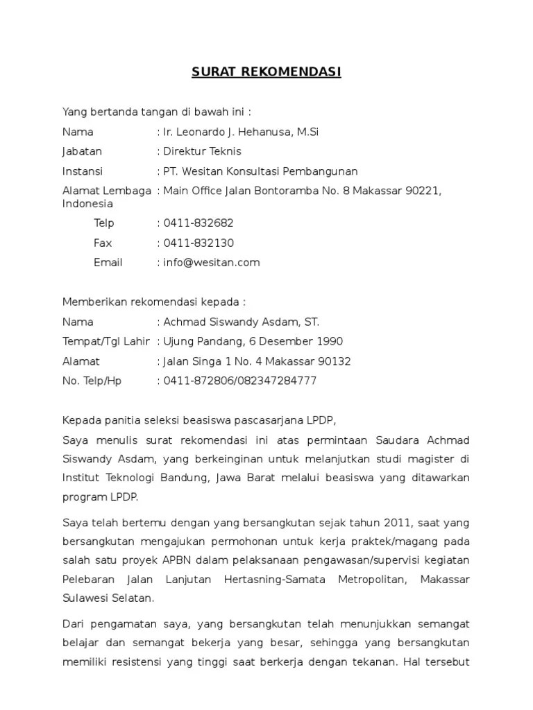 7 contoh surat tugas terbaik 2019 surat tugas resmi kantor kerja. Surat Rekomendasi Lpdp