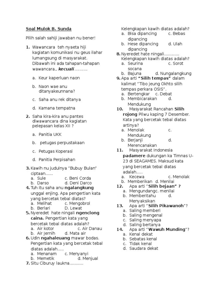 Conto Soal Uas Bahasa Sunda Kelas 11 Kurikulum Kts Masnurul