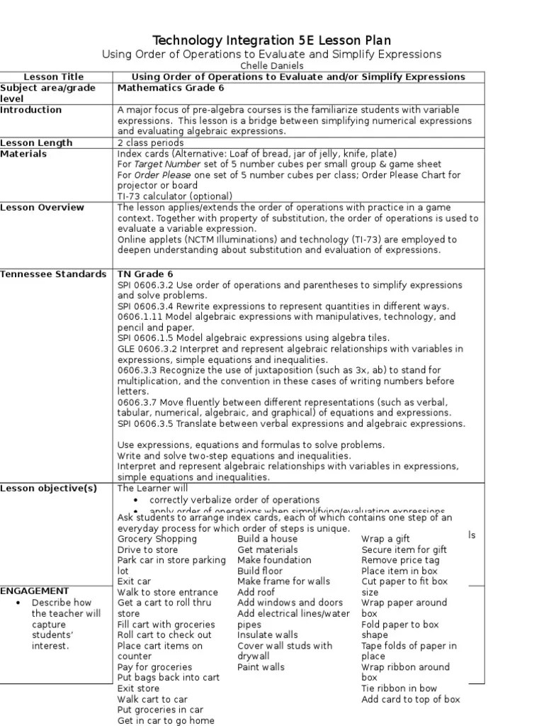 5E Lesson Plan Order Of Operations Chelle Daniels | Download Free PDF ...