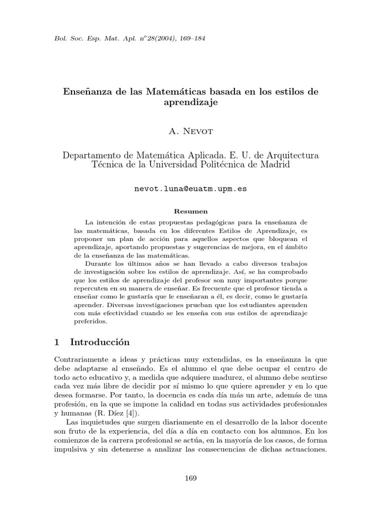 Enseñanza De Las Matematicas Basada En Los Estilos De Aprendizaje | PDF | Aprendizaje | Maestros
