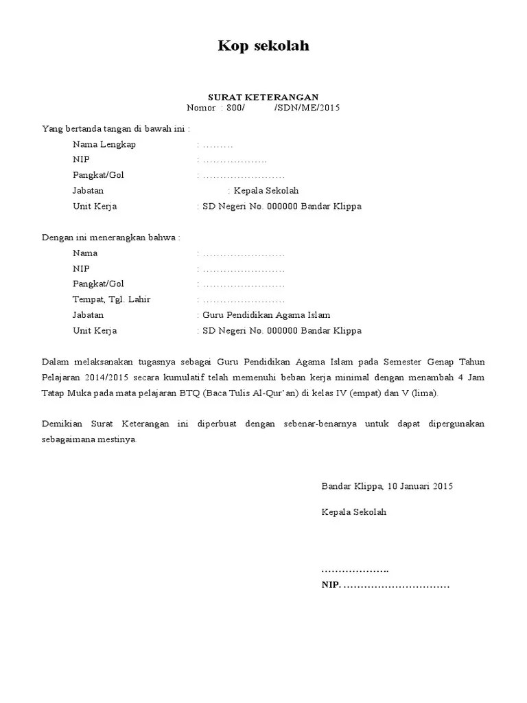Surat Keterangan Baca Tulis Al Qur An 