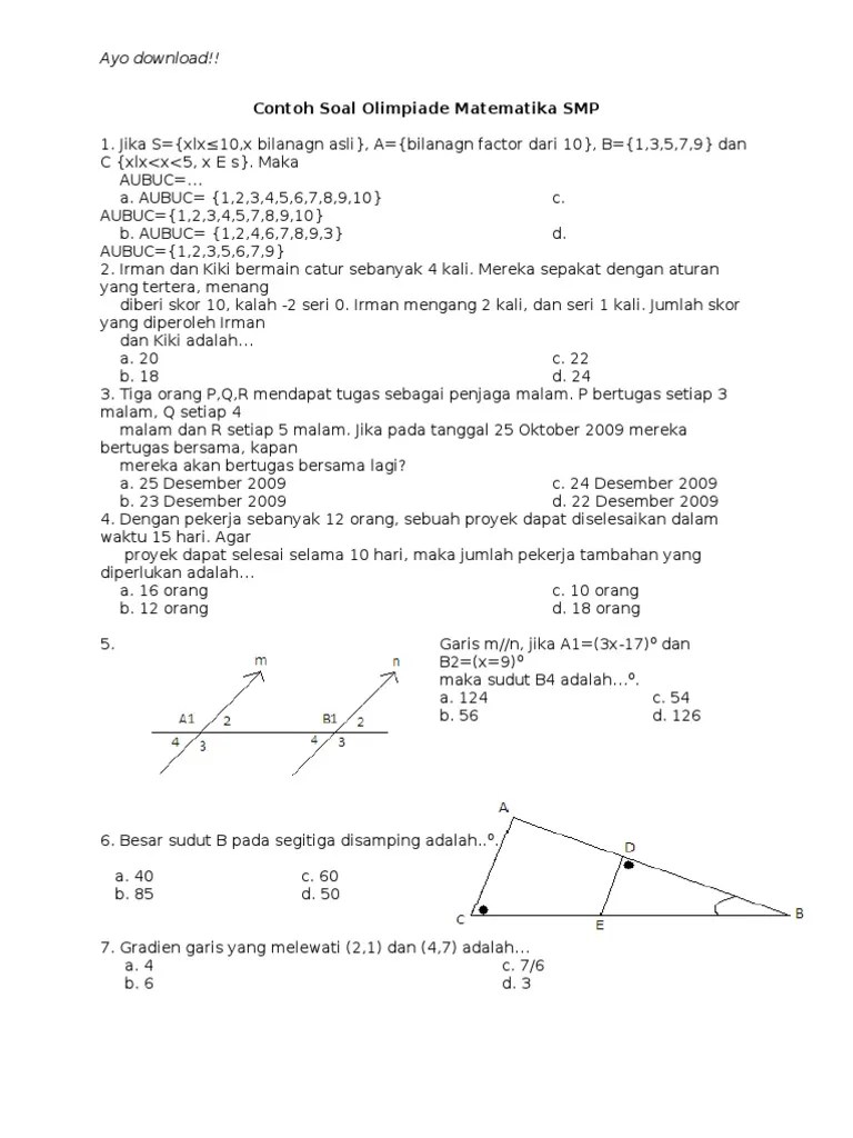 Check spelling or type a new query. Contoh Soal Olimpiade Matematika Smp