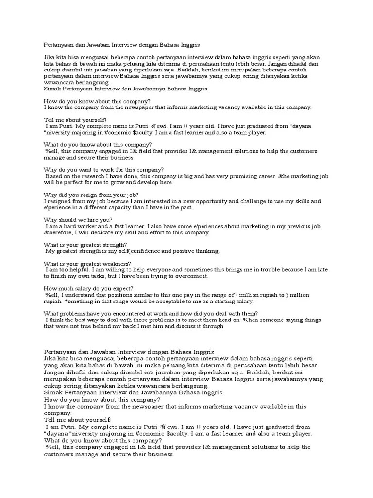 Pertanyaan interview bahasa inggris · apa yang membuatmu unik/berbeda? Pertanyaan Dan Jawaban Interview Dengan Bahasa Inggris Pdf Indonesian Language Cognition