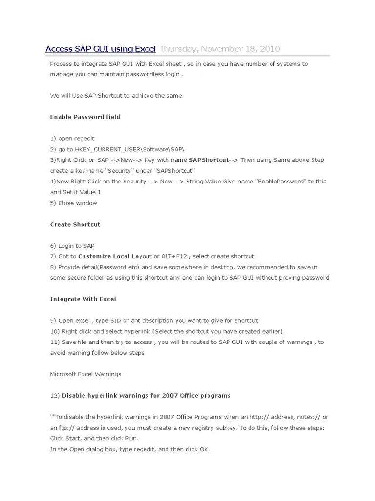Access SAP GUI Using Excel | PDF | Windows Registry | Microsoft Excel