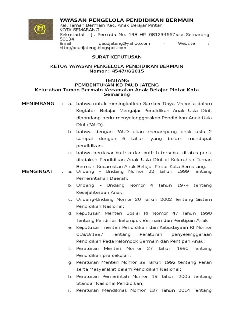 Paud jateng kurikulum dan pembelajaran paud contoh. Contoh Surat Keputusan Sk Pendirian Paud Pdf