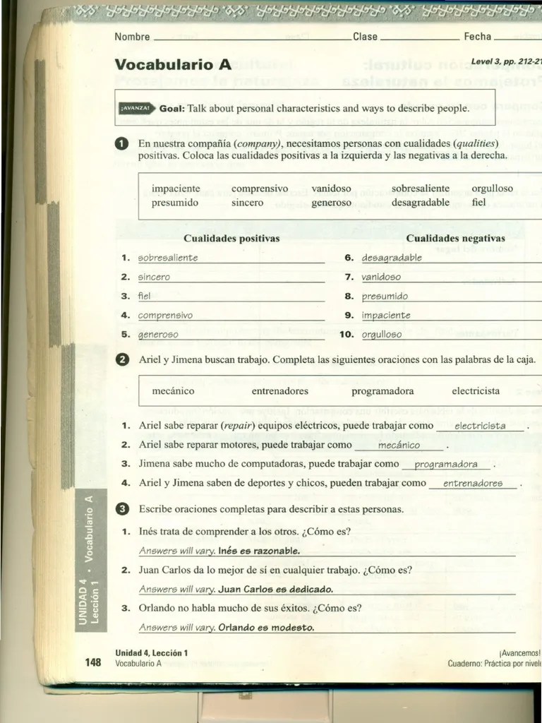 Session spanish 2/workbook/unidad 4/leccion 1. Cuatro Uno Work Book Keys