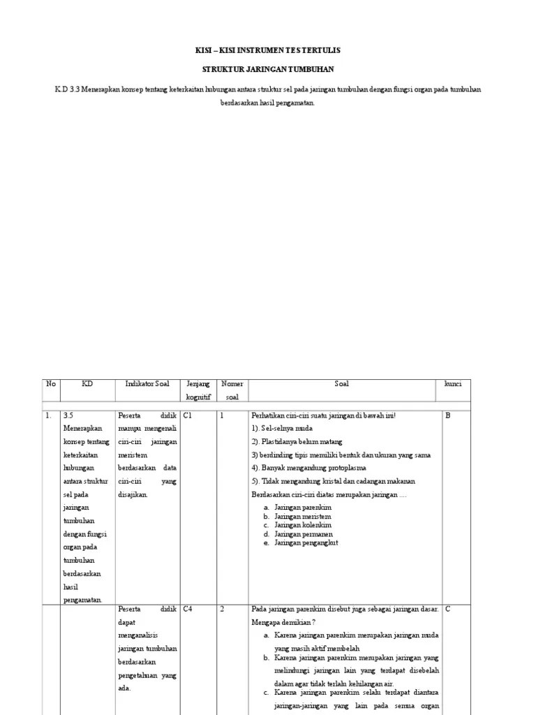 Pada bagian akhir dari modul ini disiapkan soal evaluasi untuk mengetahui Kisi Soal Bio Jaringan Tumbuhan Pdf