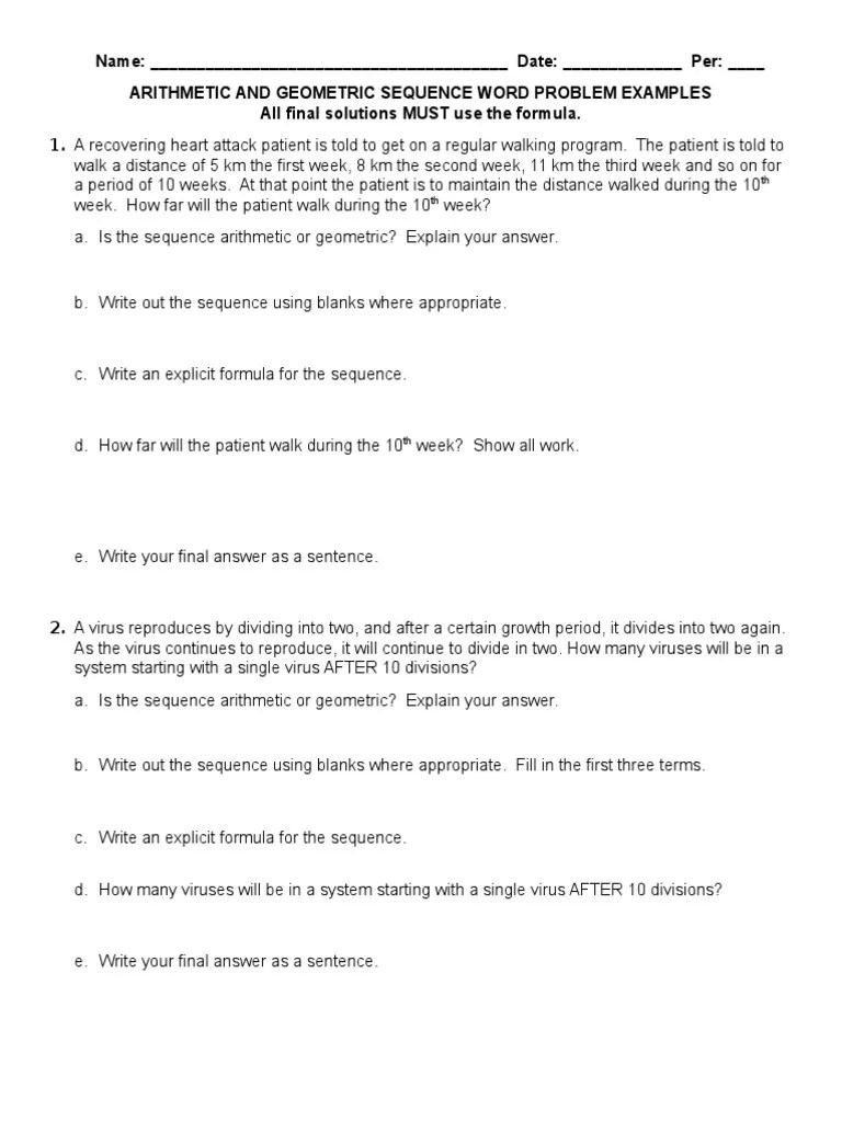 A) determine if they are geometric, arithmetic, or neither. Arithmetic Geometric Sequence Word Problems 4q Pdf Sequence Teaching Mathematics