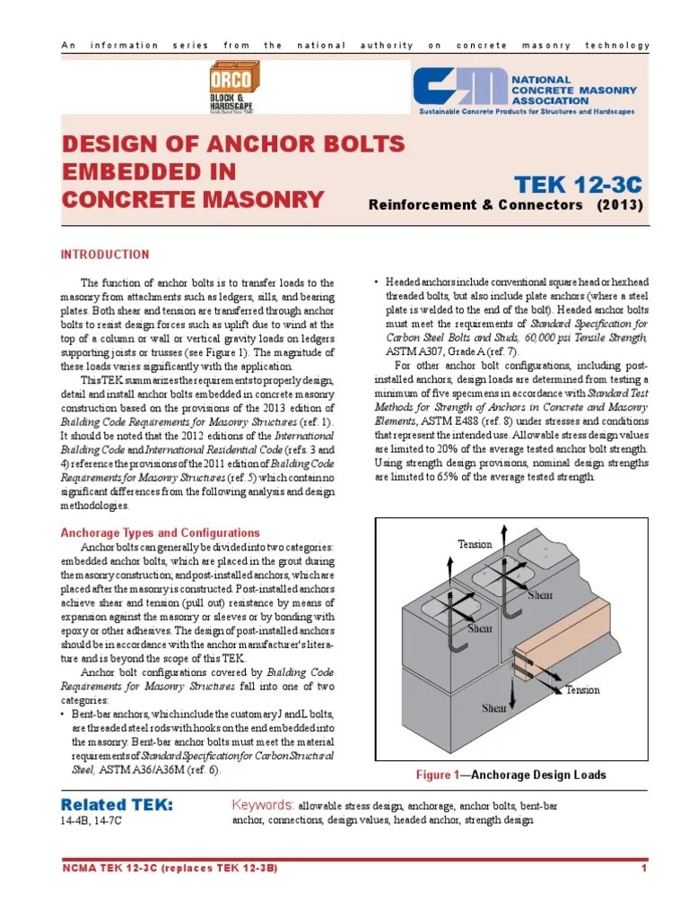 Design Of Anchor Bolts Embedded In Masonry | PDF | Strength Of Materials | Structural Steel