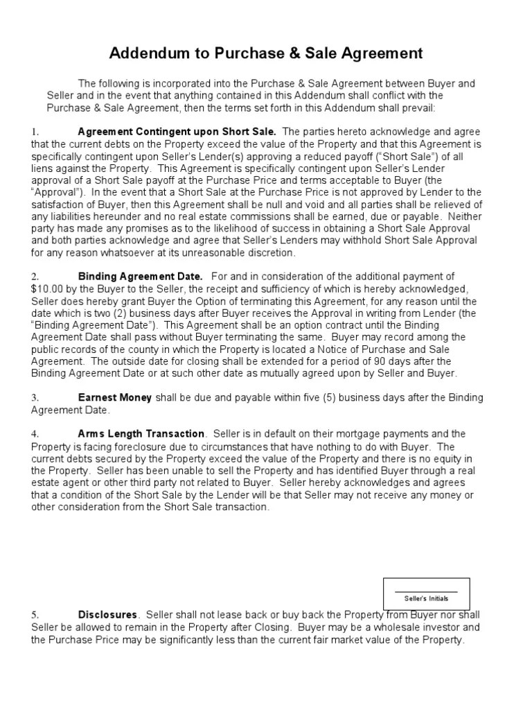 Addendum To Purchase And Sale Agreement | PDF | Short Sale (Real Estate) | Sales