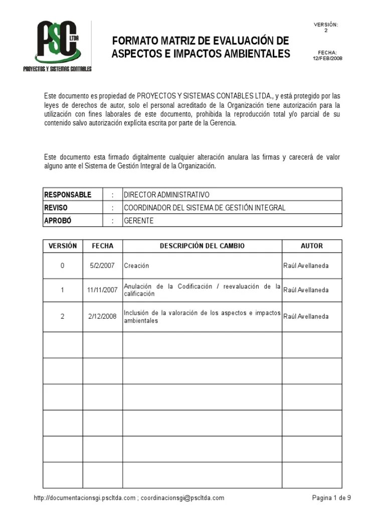 Formato De Evaluacion De Aspectos E Impactos Ambientales | PDF | Degradación Ambiental | Consumo ...