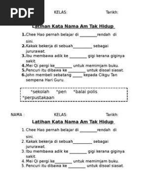 Kata nama am kata nama adalah huruf kecil kecuali pada. Latihan Kata Nama Am Tak Hidup Pdf