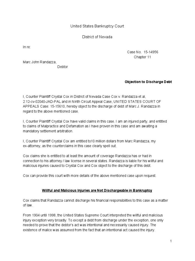 Bankruptcy Court Objection To Discharge Marc Randazza Debtor, Crystal ...
