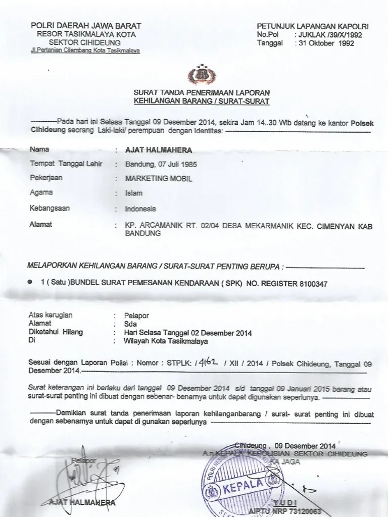 Contoh Surat Kehilangan Polisi | PDF