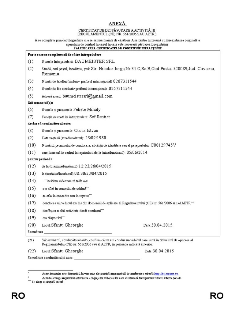 Certificat De Desfasurare A Activitatii Pentru Soferi / 2