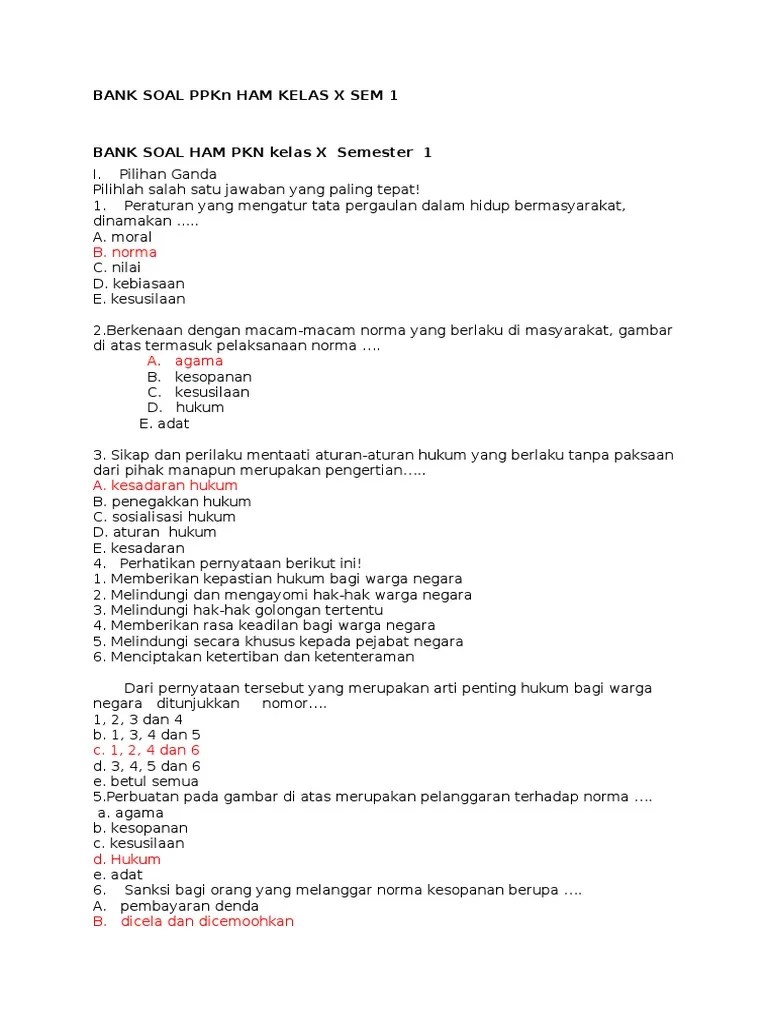 Inilah soal dan jawaban latihan uas dan pas untuk siswa kelas 10 sma. Bank Soal Ppkn Ham Kelas X Sem 1 Pdf