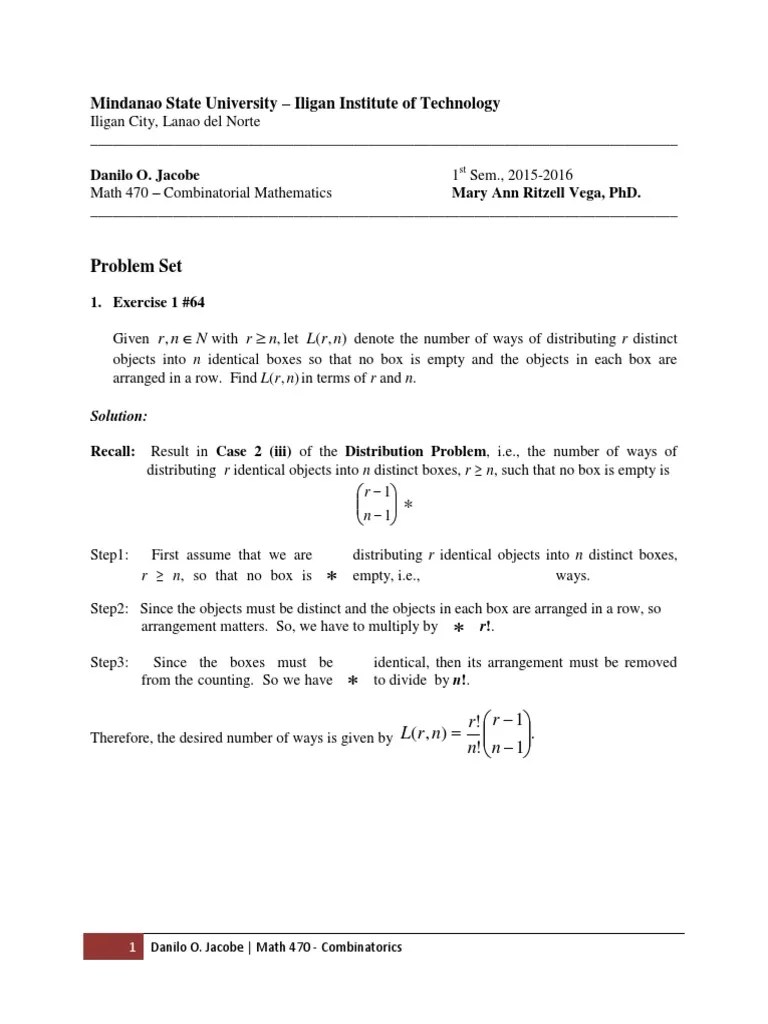 Combinatorics Problem Set | PDF | Combinatorics | Mathematical Concepts