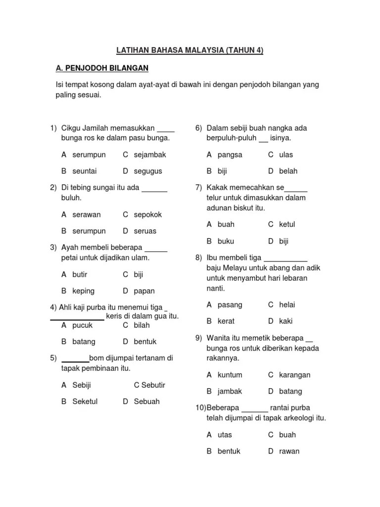 Penjodoh bilangan ialah kata yang digunakan untuk membilang unit benda, orang, haiwan, tempat dan sebagainya. Penjodoh Bilangan Pdf