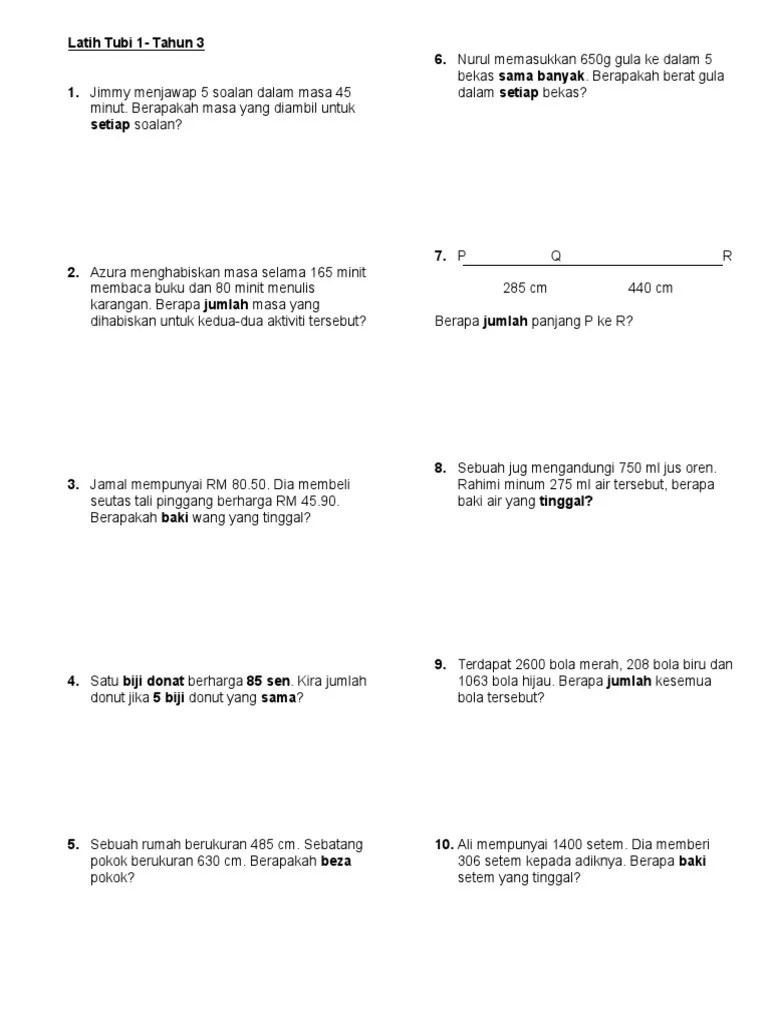 Nota padat matematik tahun 3. Contoh Soalan Matematik Tahun 3