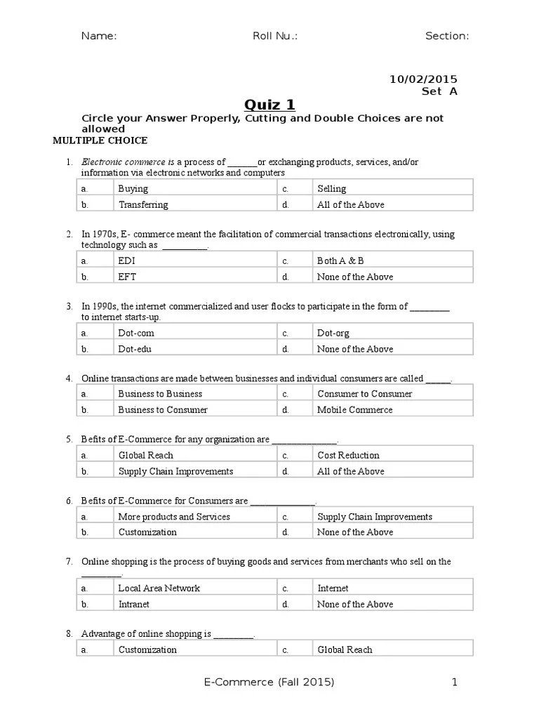 Quiz 1 - E.com Fall 2015 V.1 | PDF | E Commerce | World Wide Web