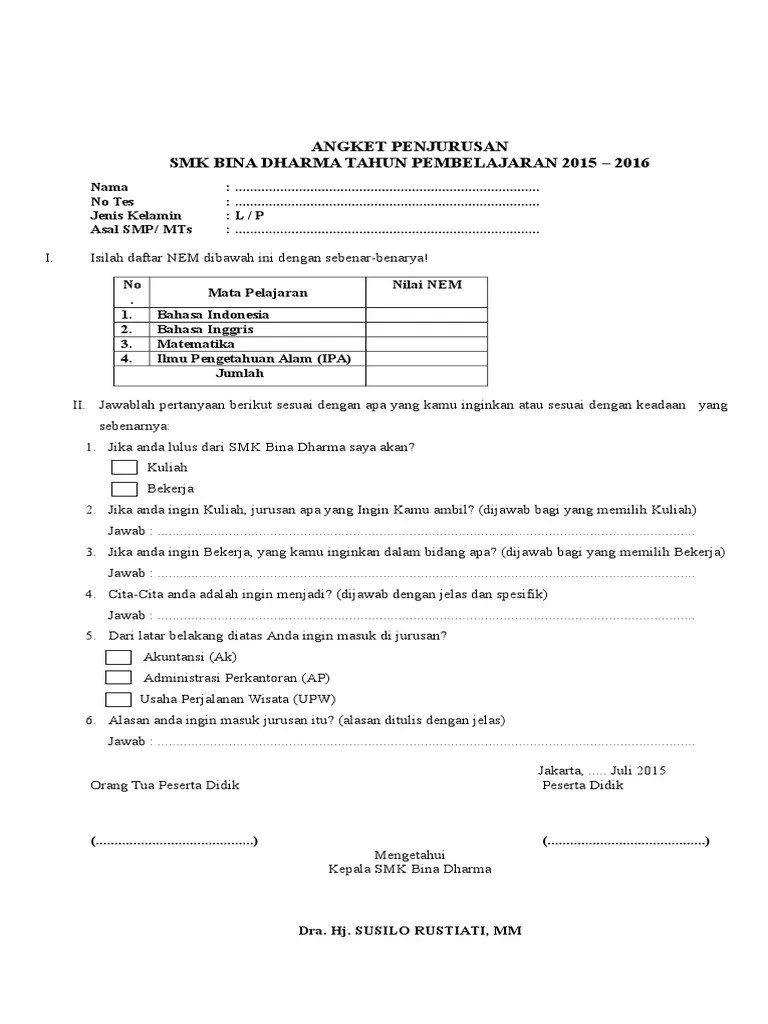 Doa saya, semoga segera mendapatkan kerja yang layak. Angket Penjurusan Pdf