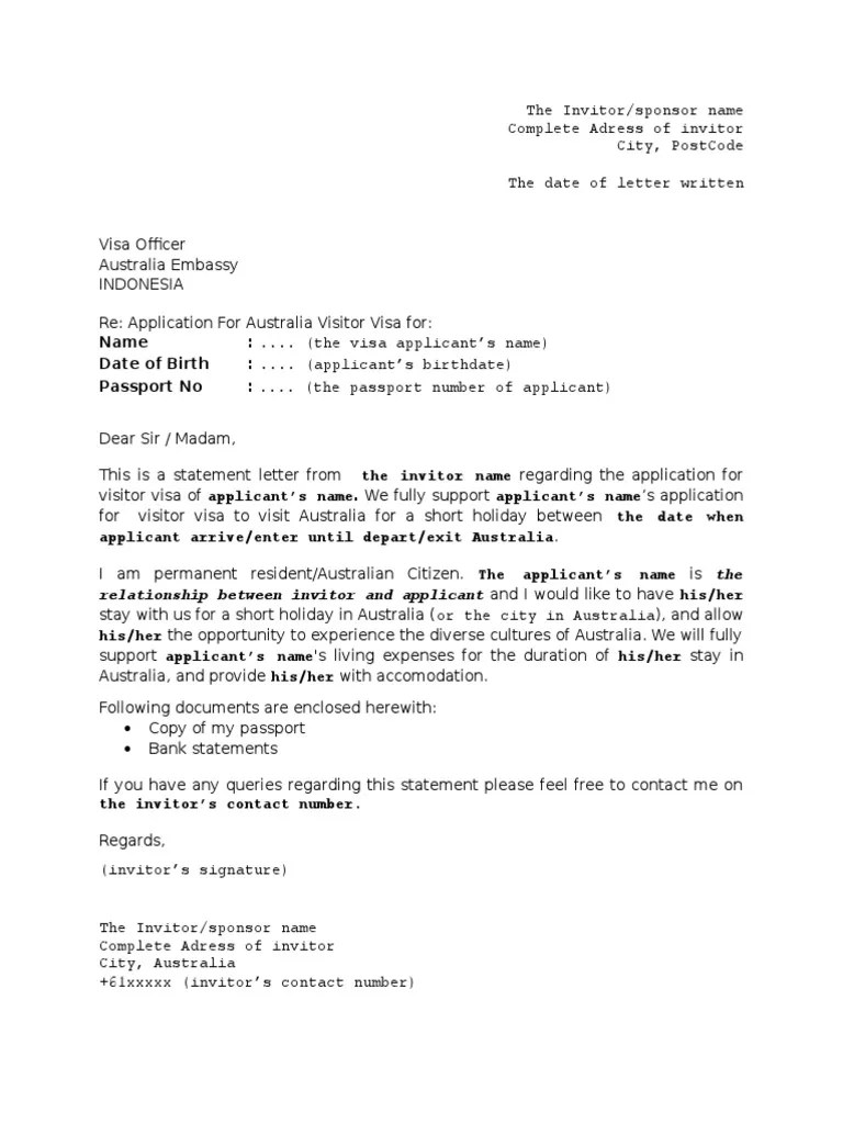 Bank statement / traveller's cheque. Invitation Letter for Visitor Visa Australia.docx | Travel ...