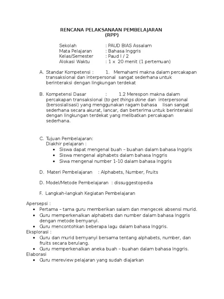 Rencana pelaksanaan pembelajaran (rpp) sd mata pelajaran kelas/semester standar kompetensi kompetensi dasar : Contoh Rpp Paud Pdf