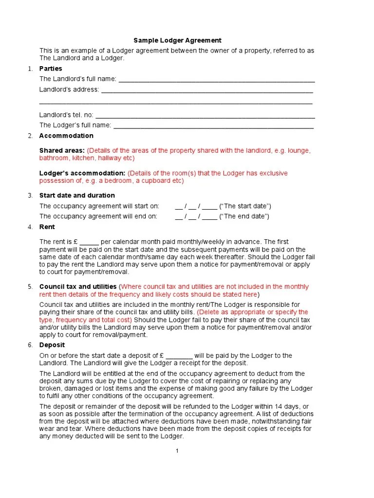 sample lodger agreement landlord renting