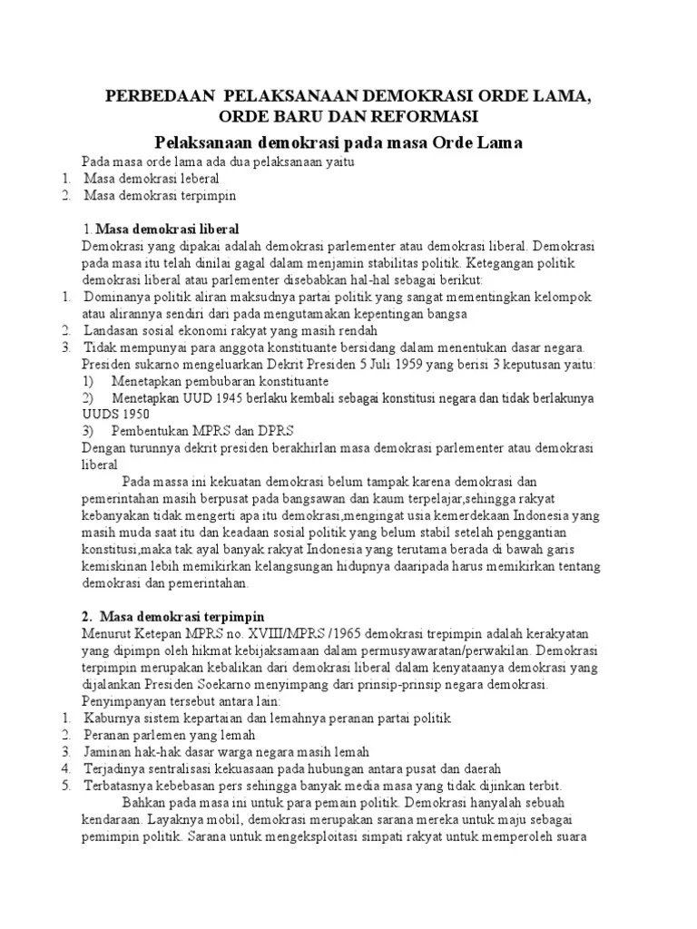 Perbedaan Pelaksanaan Demokrasi Orde Lama, Baru, Reformasi | PDF