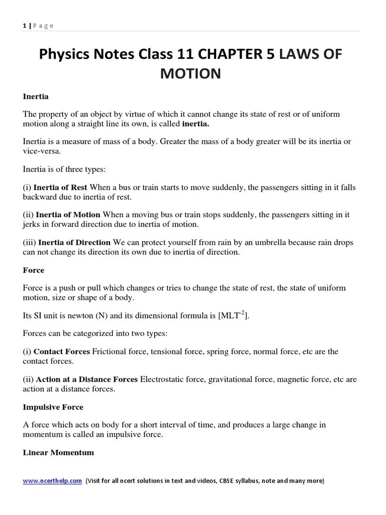 Physics Notes Class 11 Chapter 5 Laws Of Motion | Download Free PDF ...