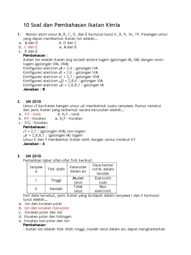 Molekul yang memiliki ikatan kovalen rangkap tiga adalah …. Soal Dan Pembahasan Ikatan Kimia Pdf