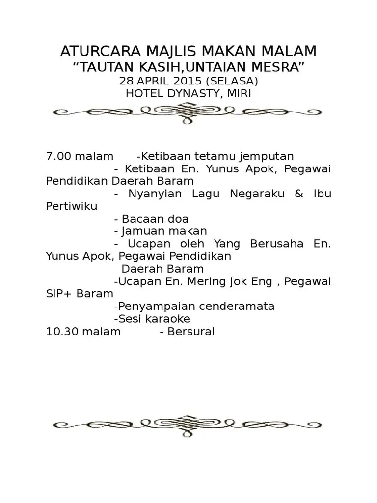 Hadirin telah lengkap menerima 2 dos vaksin. Aturcara Majlis Makan Malam Pdf