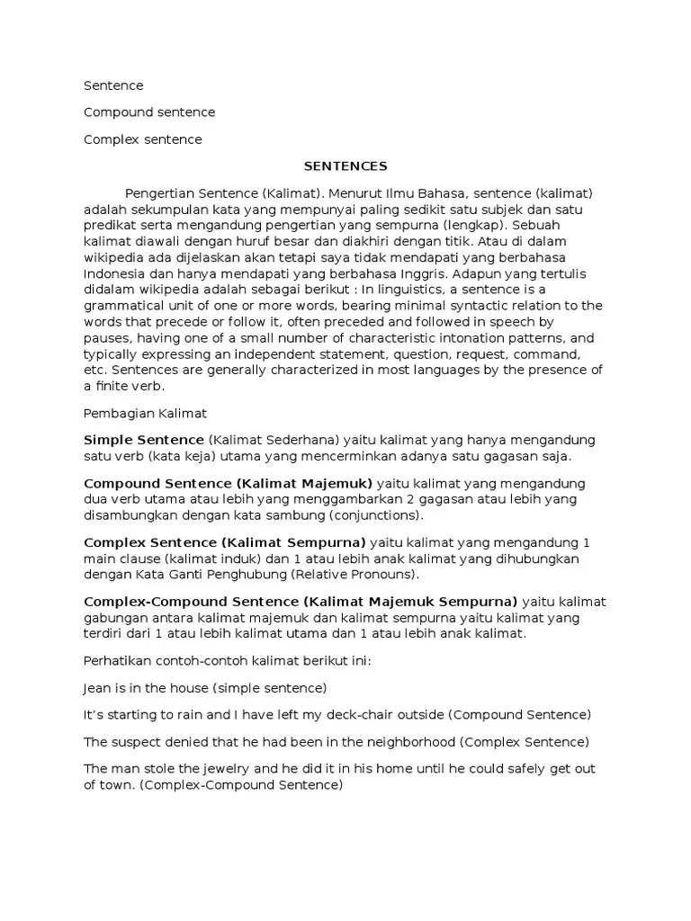 Subjek he/she/it, kata kerja kalimat positif diikuti imbuhan s/es. Simple Compound Complex Sentences Pdf Kalimat Linguistik Klausa