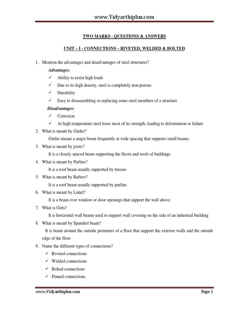 CE1354 - Design Of Steel Structures Two Mark Questions Answers | Download Free PDF | Beam ...