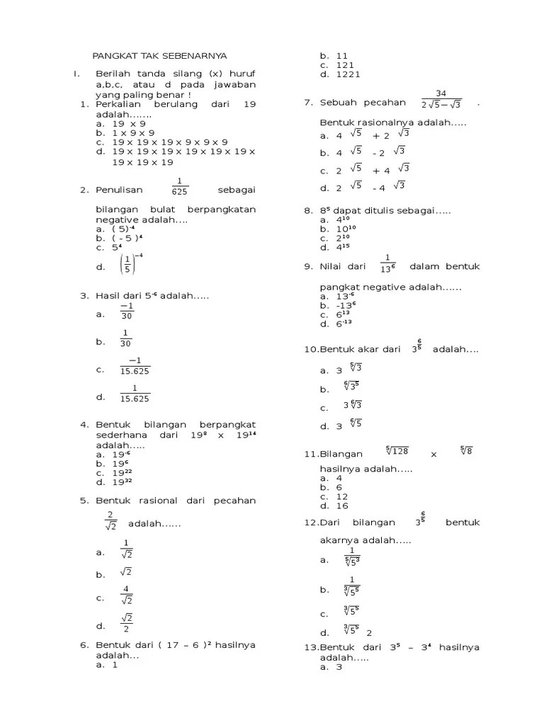 Buku matematika kelas ix smp/mts hanya sampai memahami secara konseptual tetapi sampai ke penerapan melalui pengetahuan untuk dapat memecahkan masalah. Latihan Soal Matematika Pangkat Tak Sebenarnya Kelas 9 Pdf