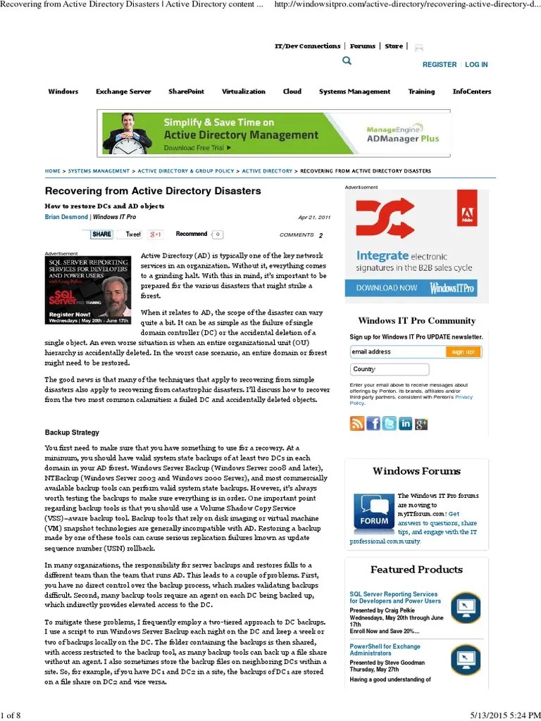 Recovering From Active Directory Disasters - Active Directory Content ...