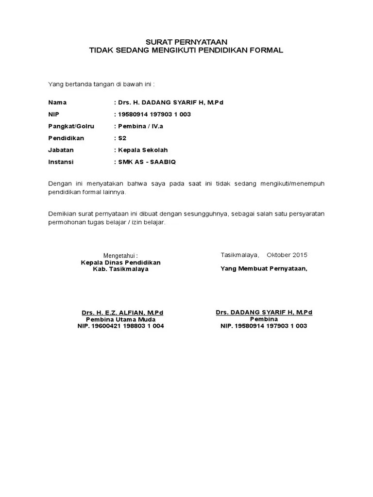 Formulir Surat Pernyataan Tidak Sedang Melaksanakan Tugas Belajar 