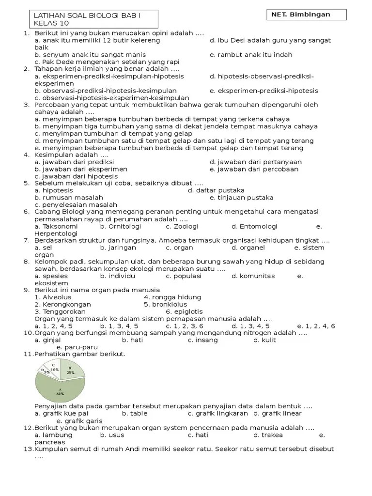Deswaty furqonita menyatakan biologi yaitu ilmu yang mempelajari serta mengkaji mengenai segala sesuatu yang berhubungan dengan makhluk hidup dan . Latihan Soal Biologi Bab 1 Kelas 10 Pdf