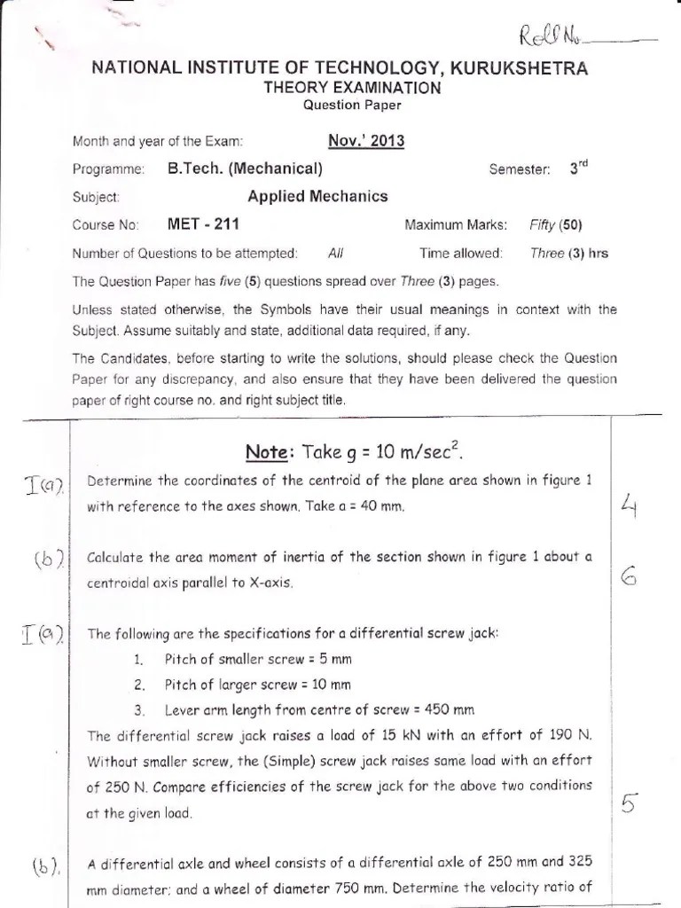 Applied Mechanics Question Paper Fuerza Ingenieria Mecanica
