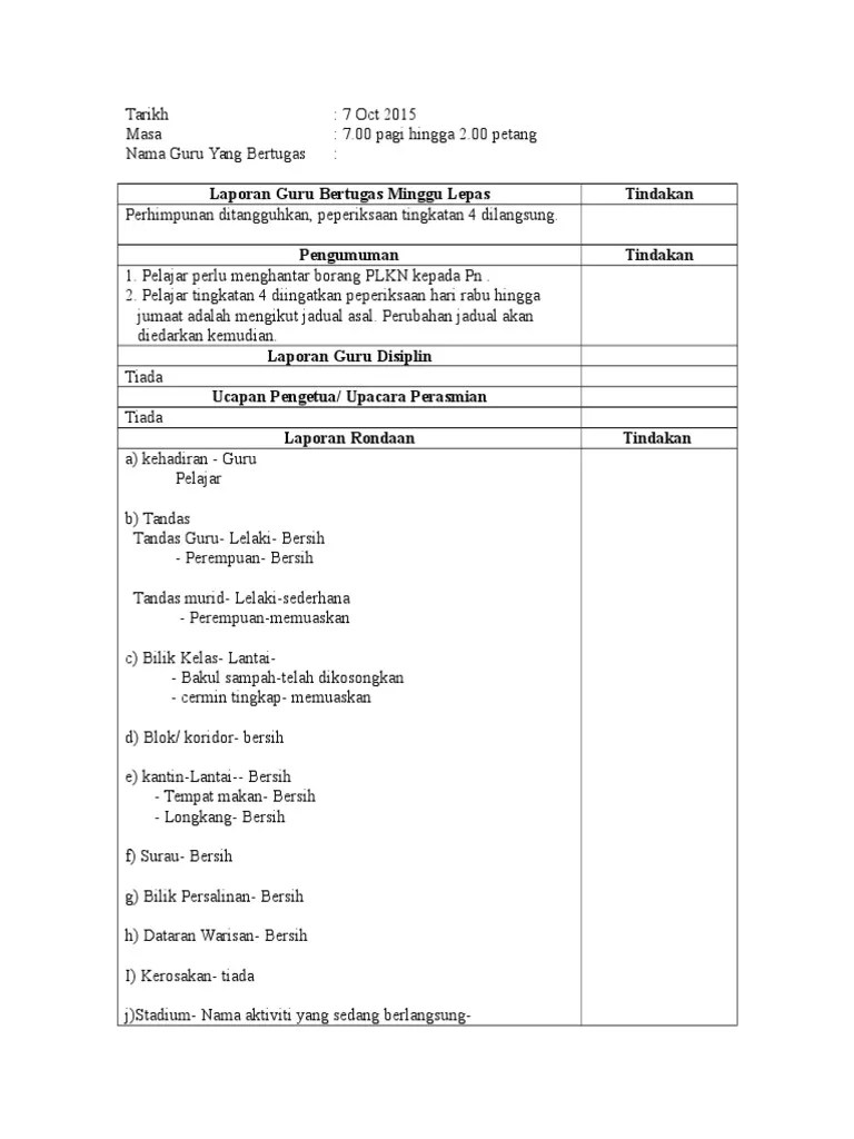 Teks Laporan Guru Bertugas Minggu Lepas
