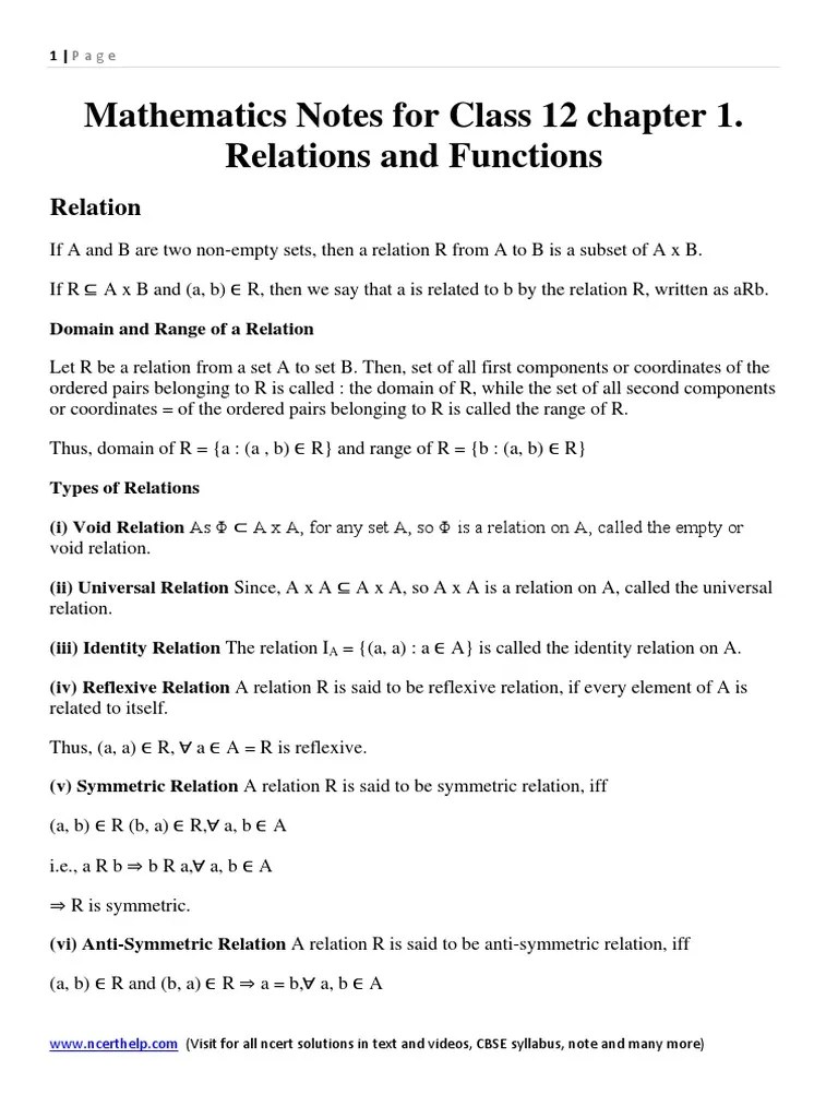 Mathematics Notes And Formula For Class 12 Chapter 1. Relations And ...