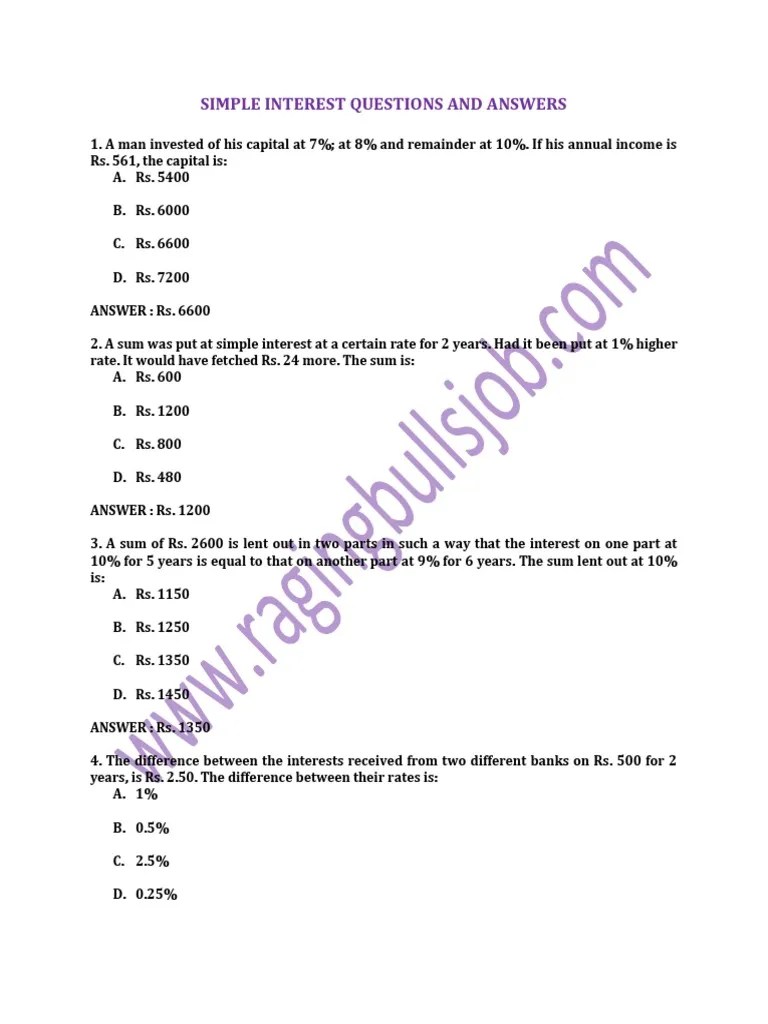 Simple Interest Questions And Answers PDF | PDF | Percentage | Interest