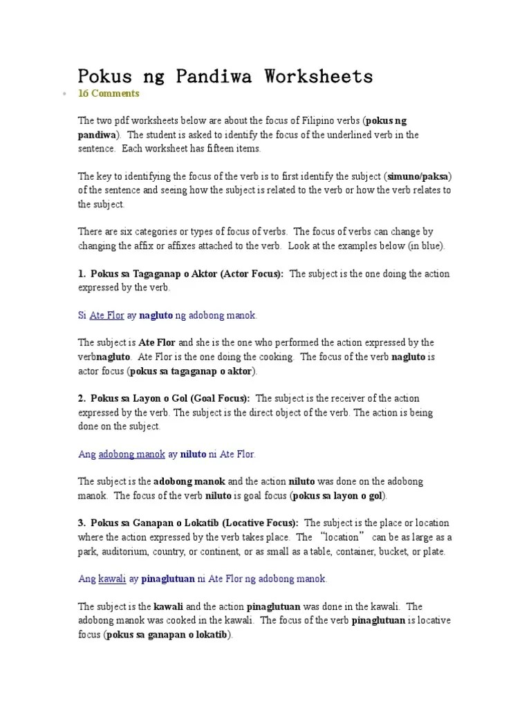 Pokus ng pandiwa worksheets doc predicate grammar verb